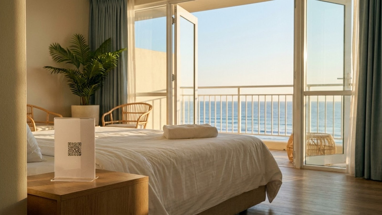 A sea-facing guest room with a QR code on the bedside table beside folded towels