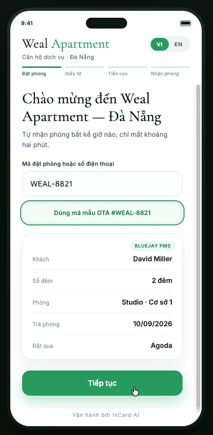 Màn hình nhập mã đặt phòng WEAL-8821, bên dưới hiện đơn tìm được từ Bluejay PMS: khách David Miller, 2 đêm, phòng Studio Cơ sở 1, trả phòng 10/09/2026, đặt qua Agoda