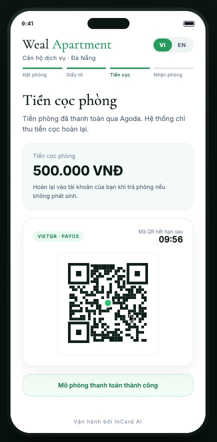 Màn hình tiền cọc phòng 500.000 VNĐ hoàn lại, kèm mã VietQR PayOS và đồng hồ đếm ngược 09 phút 56 giây