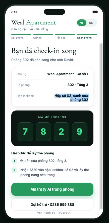 Màn hình báo check-in xong: phòng 302 tầng 3, hộp lockbox số 02, mã mở lockbox 7829 và nút mở trợ lý AI trong phòng