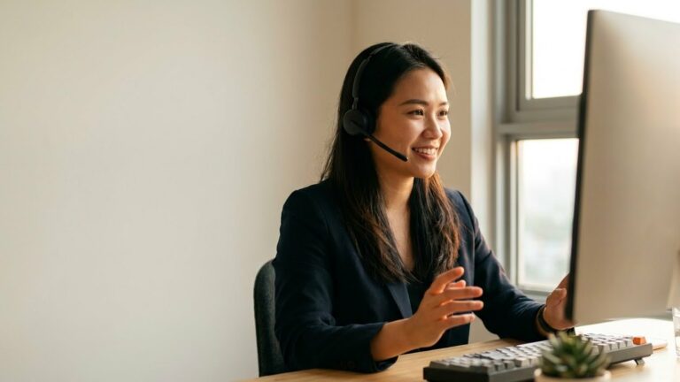 Nữ nhân viên chăm sóc khách hàng đeo tai nghe ngồi tại bàn làm việc trong văn phòng nhỏ, đang trao đổi với khách, ánh nắng hắt qua cửa sổ