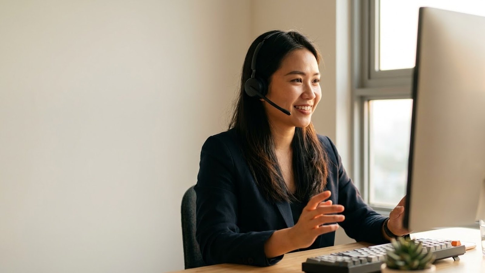 Nữ nhân viên chăm sóc khách hàng đeo tai nghe ngồi tại bàn làm việc trong văn phòng nhỏ, đang trao đổi với khách, ánh nắng hắt qua cửa sổ