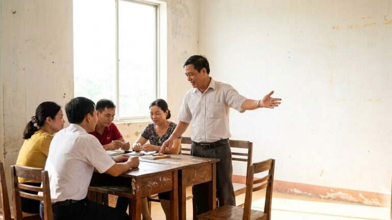 Người thầy đứng cạnh bàn học, tay đưa ra khi giảng giải cho nhóm học viên người lớn đang ngồi ghi chép