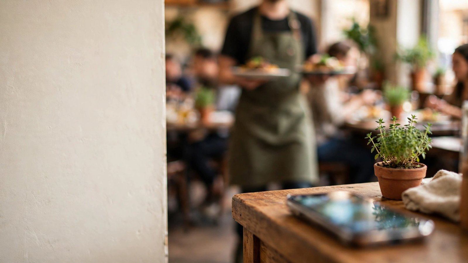A smartphone on the timber counter of a busy cafe during lunch service, a staff member carrying plates in soft focus behind