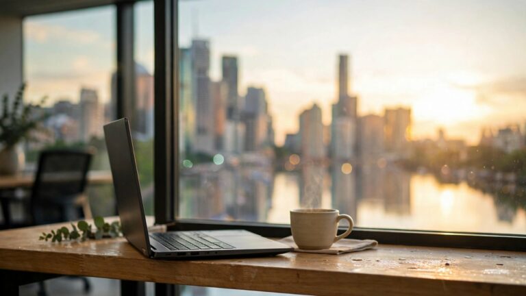 A laptop and a steaming coffee cup on a timber desk by a window overlooking a river and city skyline at sunrise