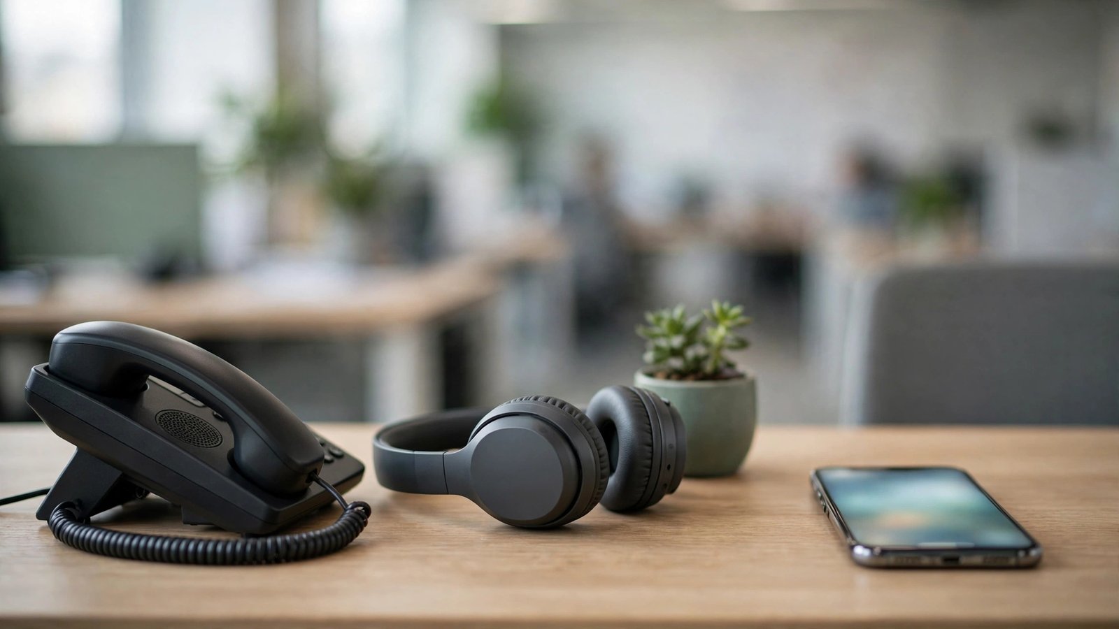 A desk phone and a smartphone side by side on a customer service desk, headphones and a small plant between them
