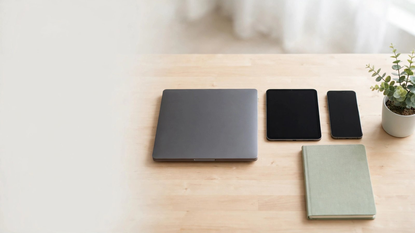 A closed laptop, a tablet and a smartphone laid out side by side on a timber desk, with a notebook and a small plant