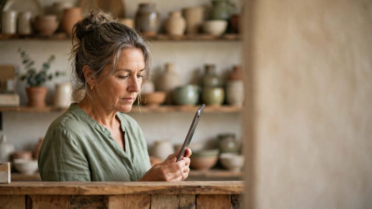 The owner of a small homewares shop looking at a tablet behind a timber counter, shelves of ceramics behind her