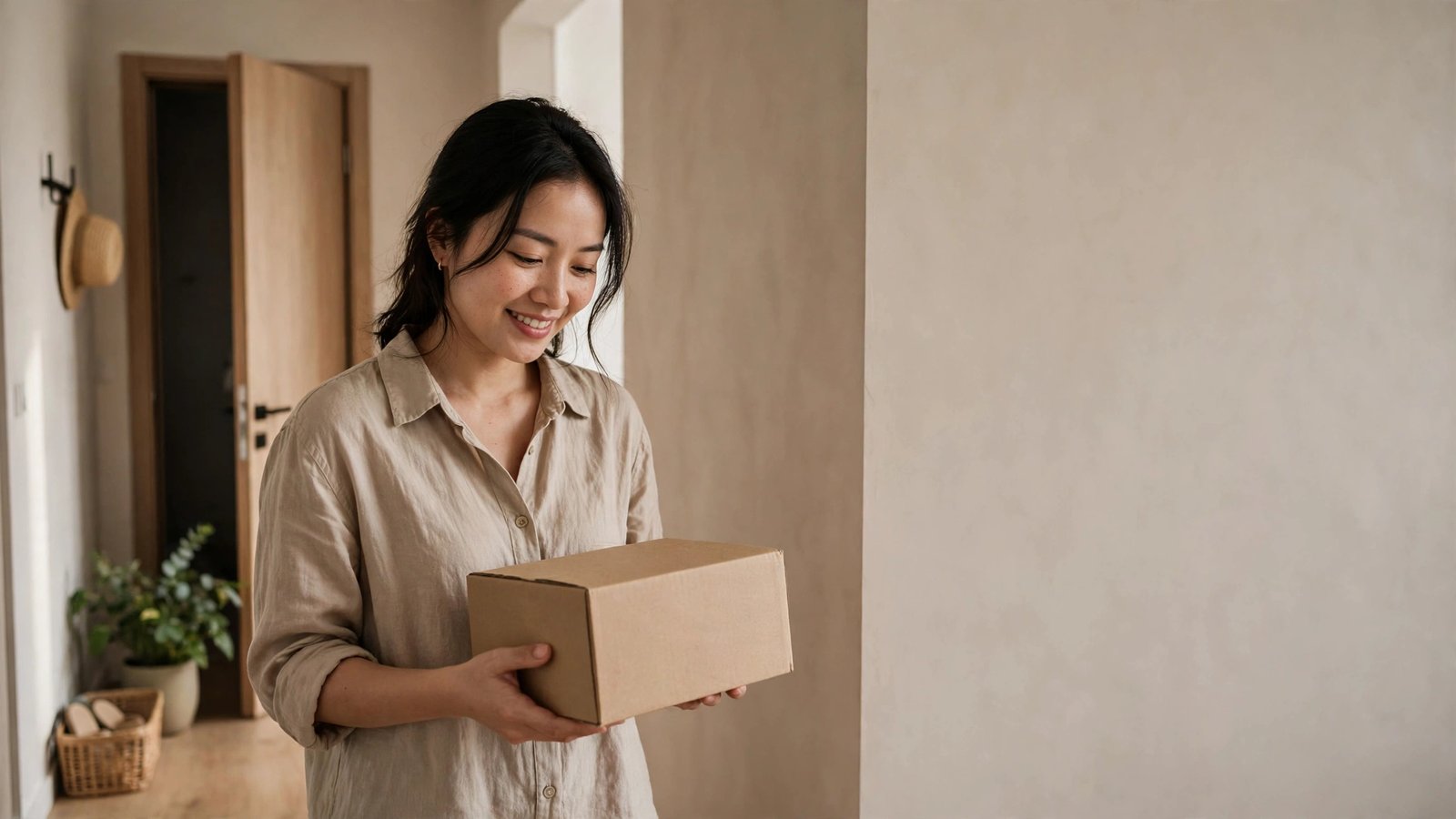 Người phụ nữ mỉm cười cầm gói hàng bìa carton vừa nhận trước cửa căn hộ