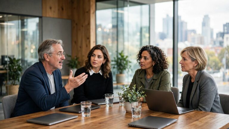Four colleagues in discussion around a long table in a glass-walled meeting room, laptops closed or turned away