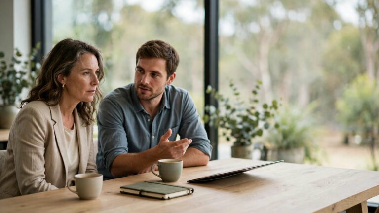 Two business people talking at a timber table in a bright office with trees outside, coffee cups, a notebook and a nearly closed laptop