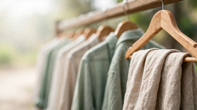 Dãy quần áo treo trên giá gỗ, chụp chếch từ dưới lên với chất vải rõ nét ở tiền cảnh