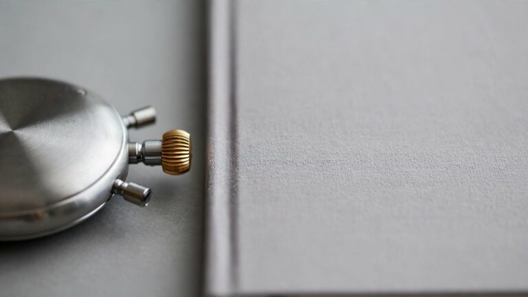 Cận cảnh chiếc đồng hồ bấm giờ cơ đặt cạnh mép một cuốn sổ đóng trên nền xám
