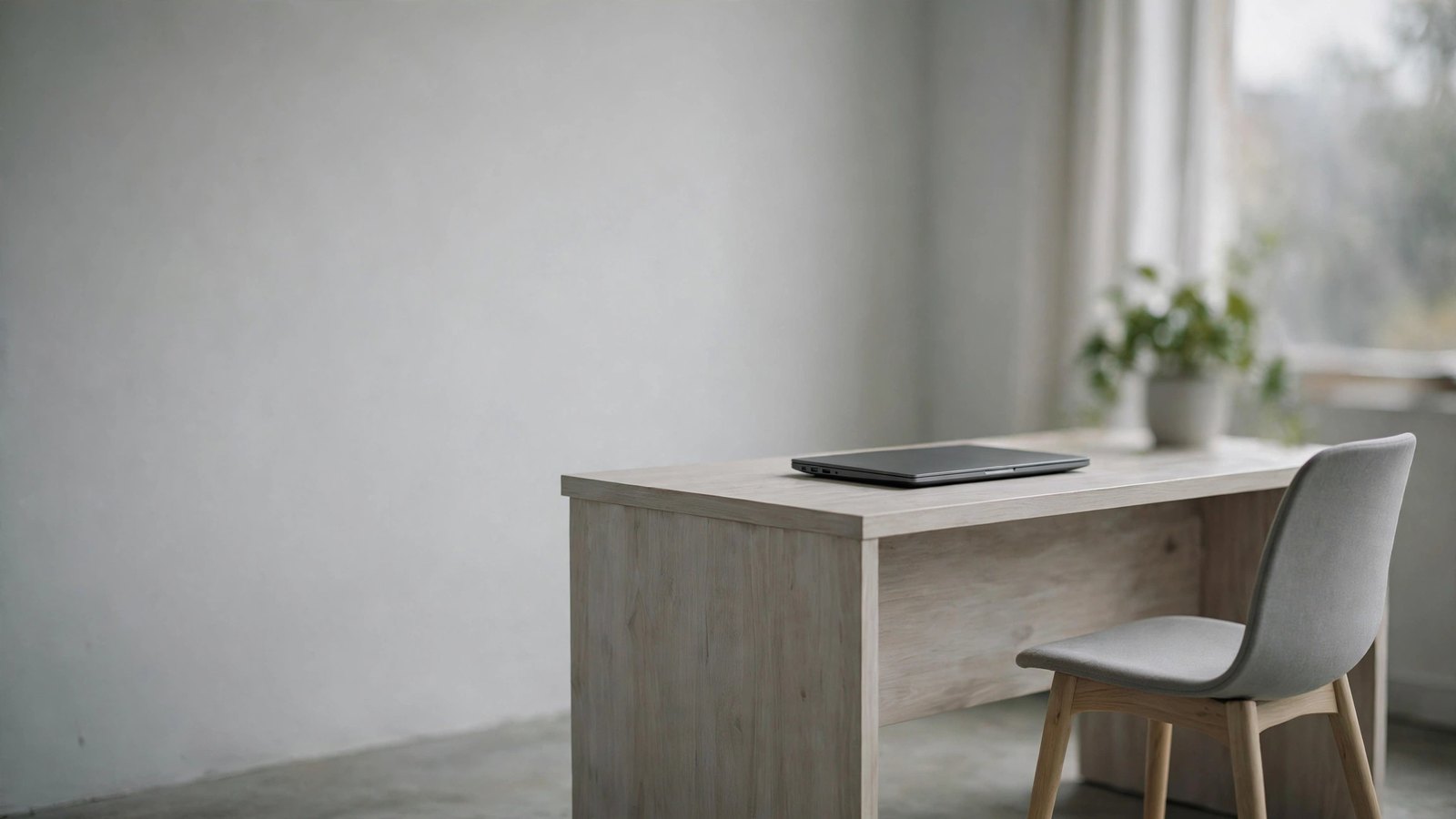 Quầy lễ tân văn phòng vắng người, một laptop đóng nắp và chiếc ghế đẩy lùi ra sau