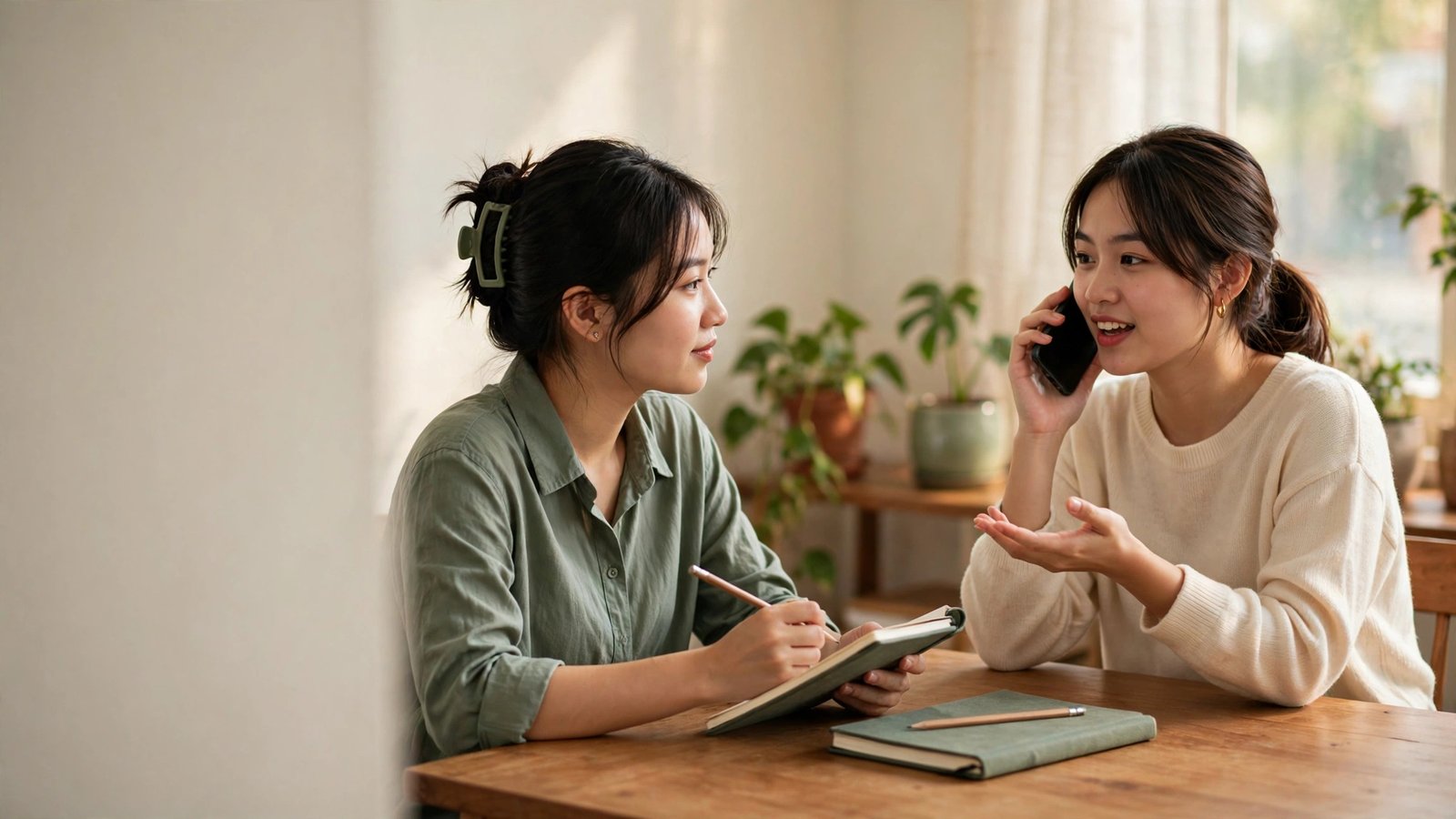 Hai đồng nghiệp tập một cuộc gọi chăm sóc khách hàng bên bàn gỗ, một người cầm điện thoại, người kia ghi chép