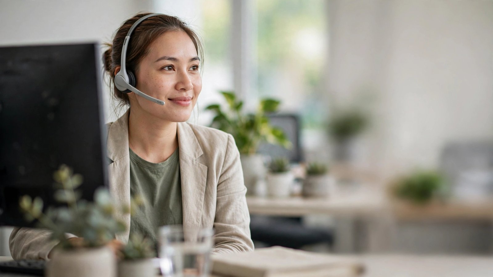 Nhân viên chăm sóc khách hàng đeo tai nghe đang lắng nghe tại bàn làm việc, màn hình phía trước mờ nhoè