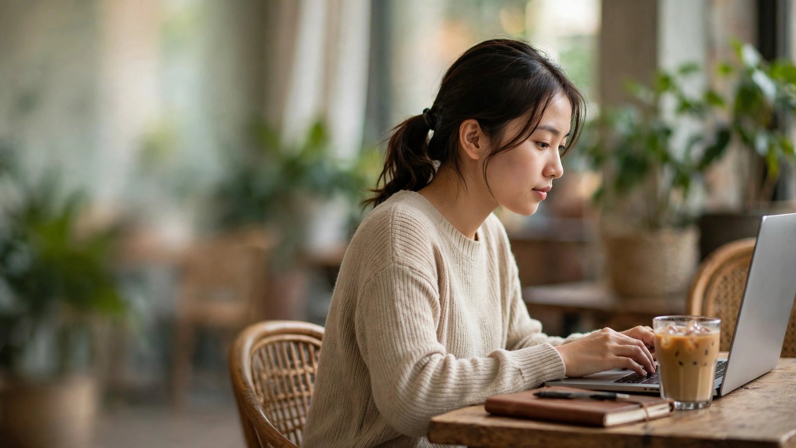 Người viết nội dung gõ laptop trong quán cà phê, bên cạnh ly cà phê sữa đá và cuốn sổ đóng