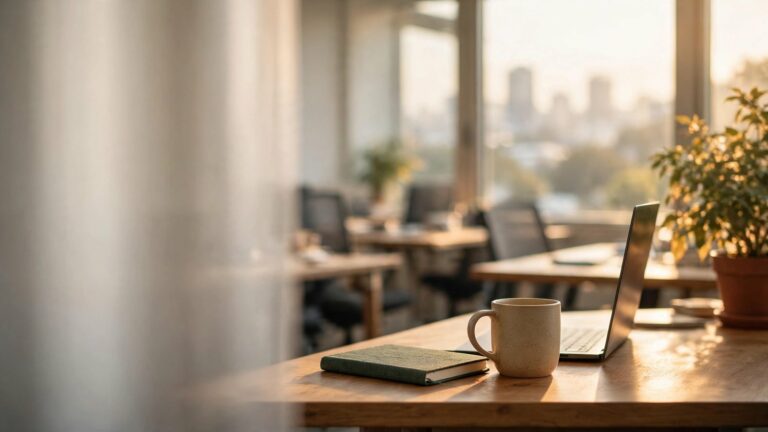 A quiet office early in the morning, a laptop on a desk by the window, a mug and a closed notebook beside it