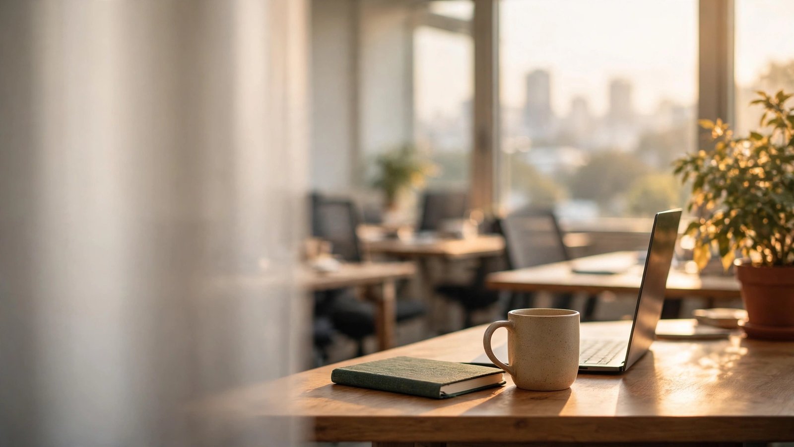 A quiet office early in the morning, a laptop on a desk by the window, a mug and a closed notebook beside it